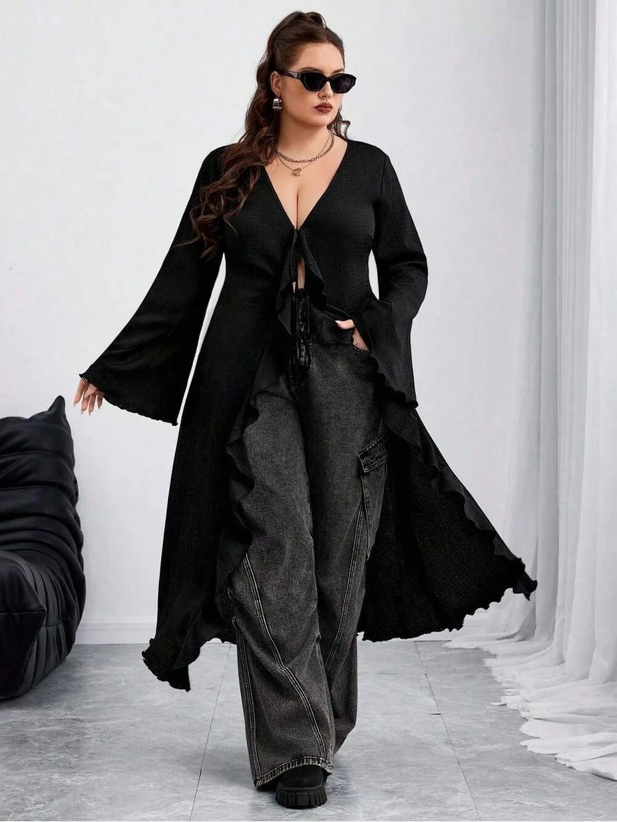CURVE Plus Size Back To School Women Tie Front Flare Sleeve Knitted Top Black Edgy Black Top Fall,Winter, Halloween