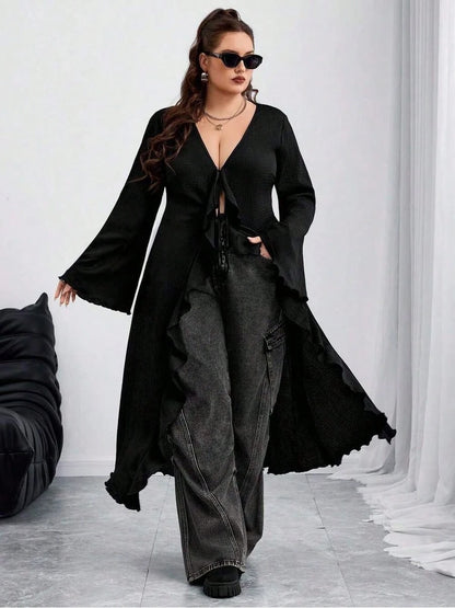 CURVE Plus Size Back To School Women Tie Front Flare Sleeve Knitted Top Black Edgy Black Top Fall,Winter, Halloween