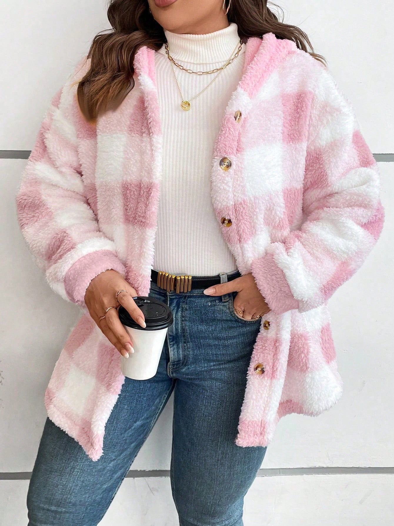 CURVE+ Plus Size Casual Plaid Pattern Fleece Hooded Jacket, Autumn/Winter Fall Cloth For Women