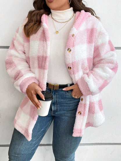CURVE+ Plus Size Casual Plaid Pattern Fleece Hooded Jacket, Autumn/Winter Fall Cloth For Women