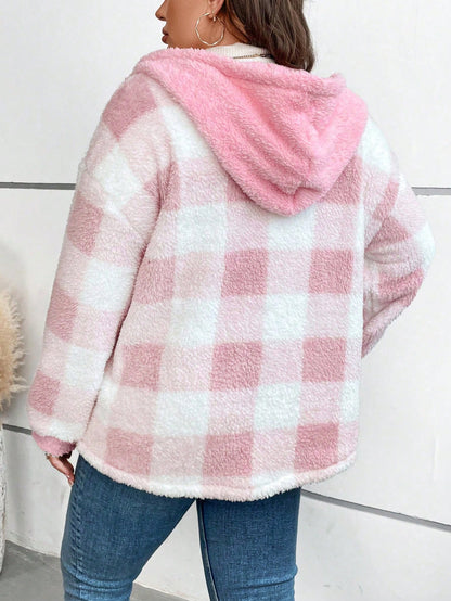 CURVE+ Plus Size Casual Plaid Pattern Fleece Hooded Jacket, Autumn/Winter Fall Cloth For Women