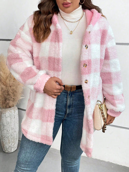 CURVE+ Plus Size Casual Plaid Pattern Fleece Hooded Jacket, Autumn/Winter Fall Cloth For Women