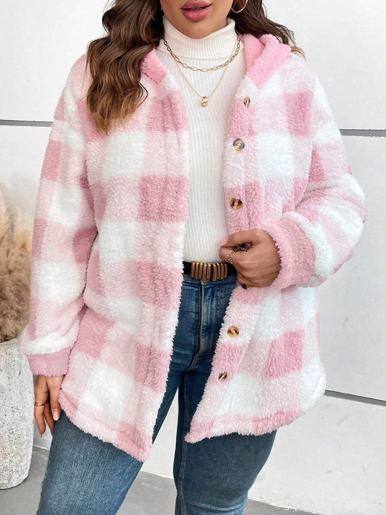 CURVE+ Plus Size Casual Plaid Pattern Fleece Hooded Jacket, Autumn/Winter Fall Cloth For Women
