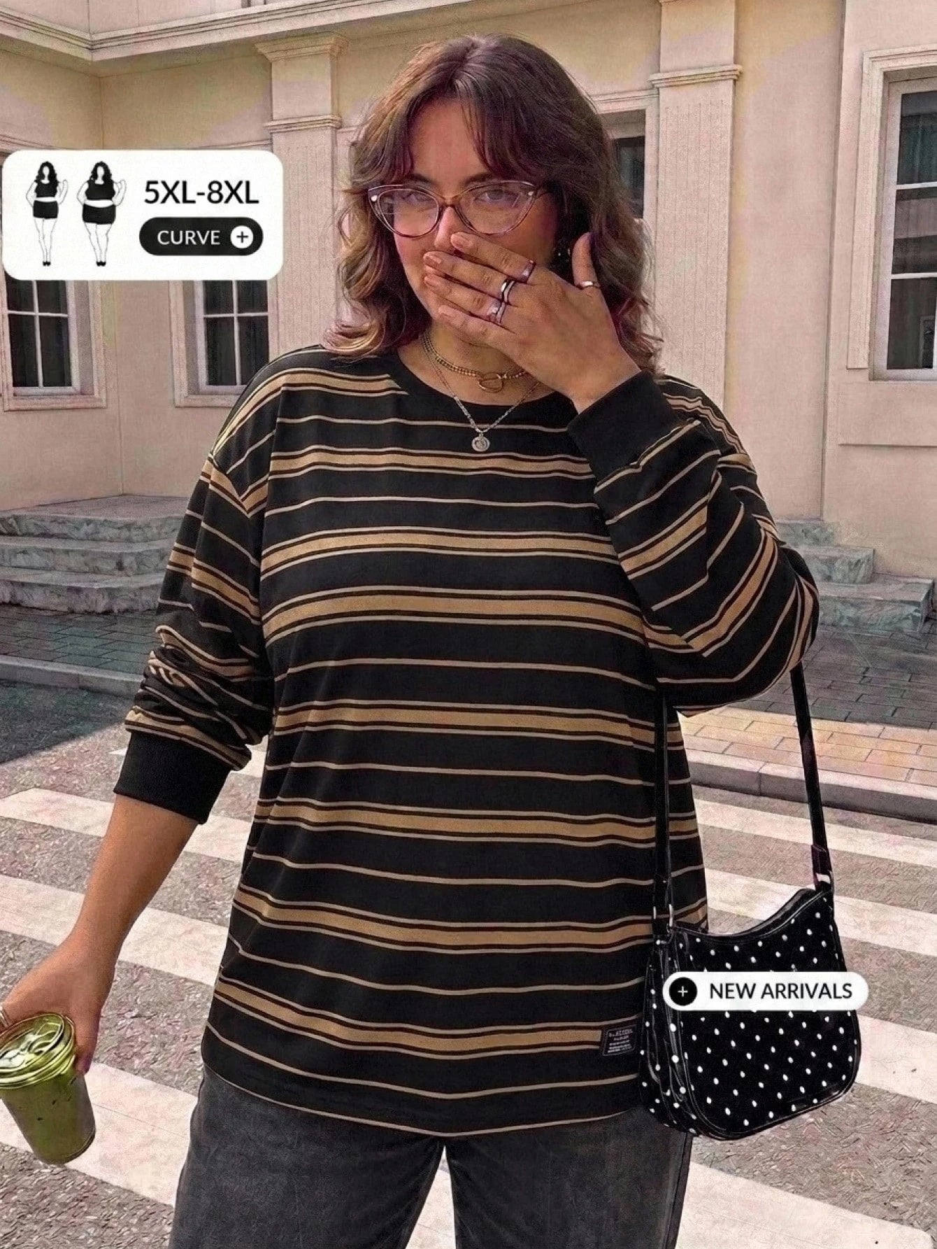 CURVE+ Plus Size Fall/Winter Clothes Casual Colorblock Striped Drop Shoulder Side Slit Tee Holiday Outfit