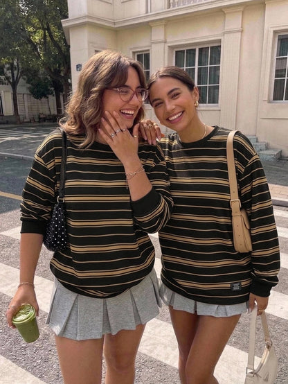 CURVE+ Plus Size Fall/Winter Clothes Casual Colorblock Striped Drop Shoulder Side Slit Tee Holiday Outfit