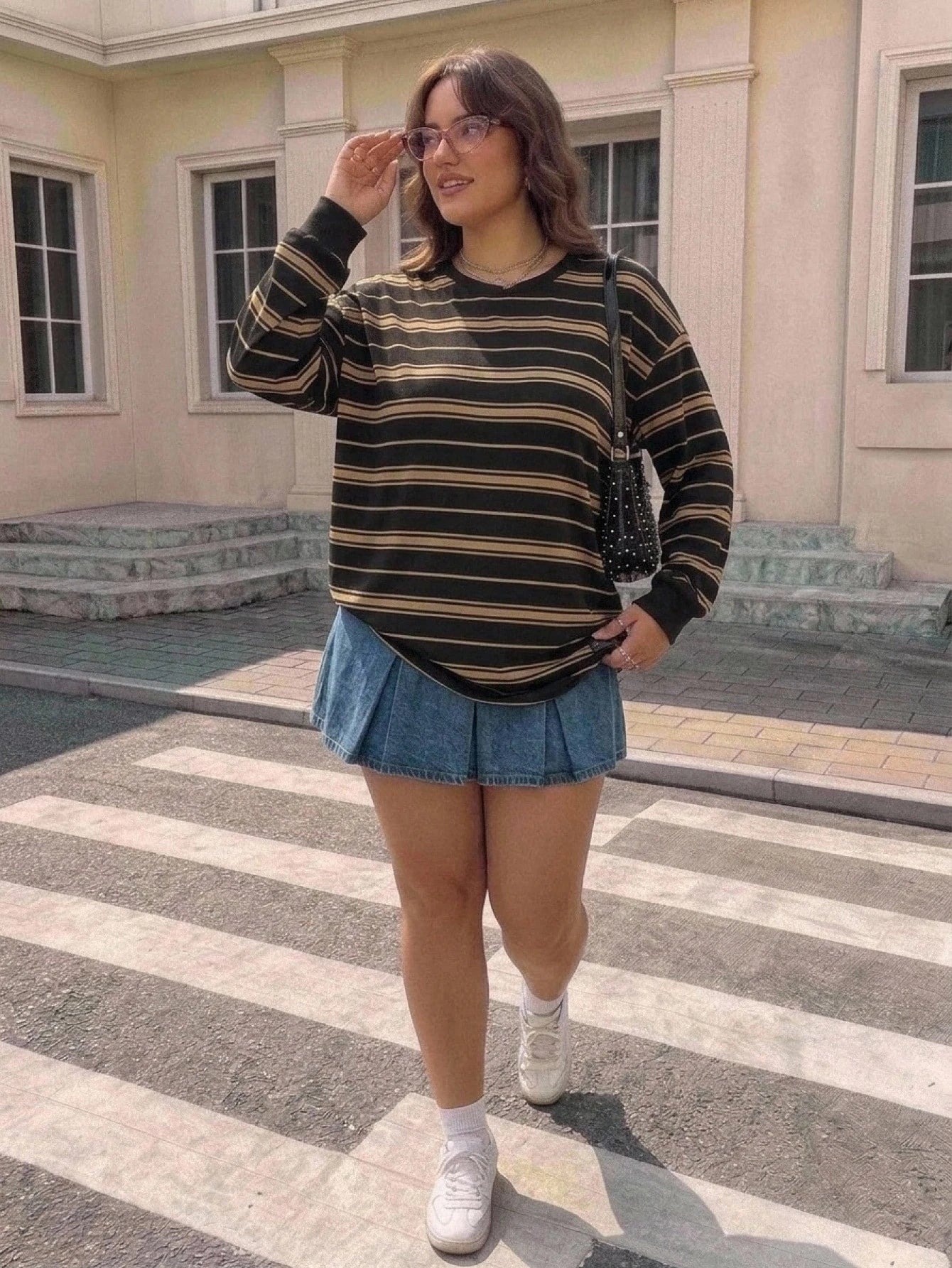 CURVE+ Plus Size Fall/Winter Clothes Casual Colorblock Striped Drop Shoulder Side Slit Tee Holiday Outfit