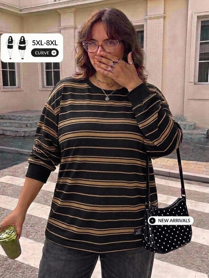 CURVE+ Plus Size Fall/Winter Clothes Casual Colorblock Striped Drop Shoulder Side Slit Tee Holiday Outfit