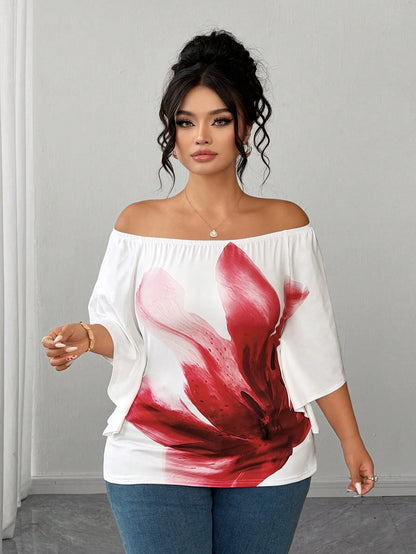 CURVE+ Plus Size Floral Print Off-Shoulder T-Shirt