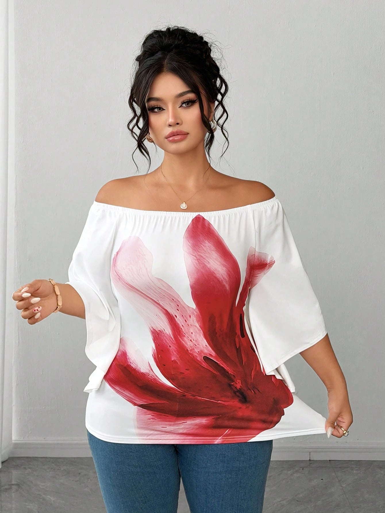 CURVE+ Plus Size Floral Print Off-Shoulder T-Shirt