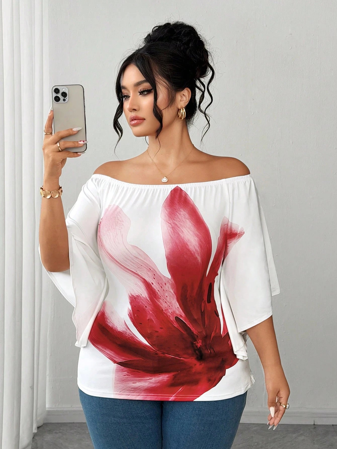 CURVE+ Plus Size Floral Print Off-Shoulder T-Shirt