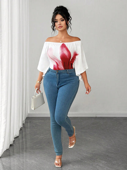 CURVE+ Plus Size Floral Print Off-Shoulder T-Shirt