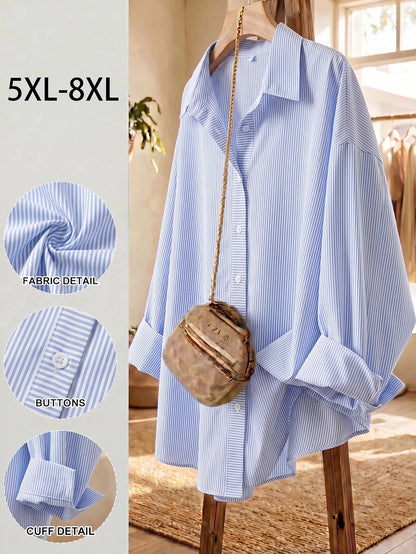 CURVE+ Plus Size Long Sleeve Casual Striped Shirt,Fall Women Clothes