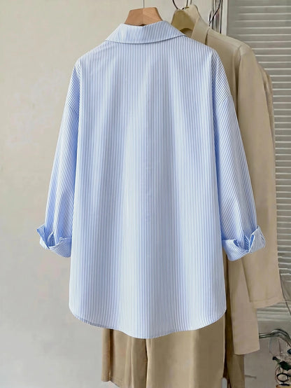 CURVE+ Plus Size Long Sleeve Casual Striped Shirt,Fall Women Clothes
