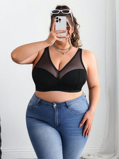 CURVE+ Plus Size Solid Color Contrast Mesh Insert Wireless Curved Bra Summer/Country/Beach Brunch Dinner Going Out Vacation/Beach/Beach Wear Black Sexy
