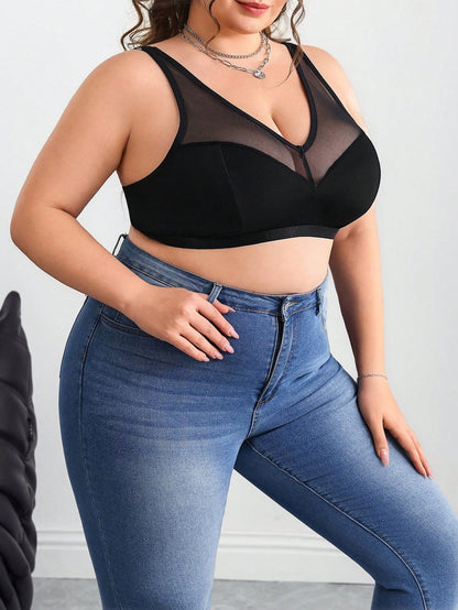 CURVE+ Plus Size Solid Color Contrast Mesh Insert Wireless Curved Bra Summer/Country/Beach Brunch Dinner Going Out Vacation/Beach/Beach Wear Black Sexy