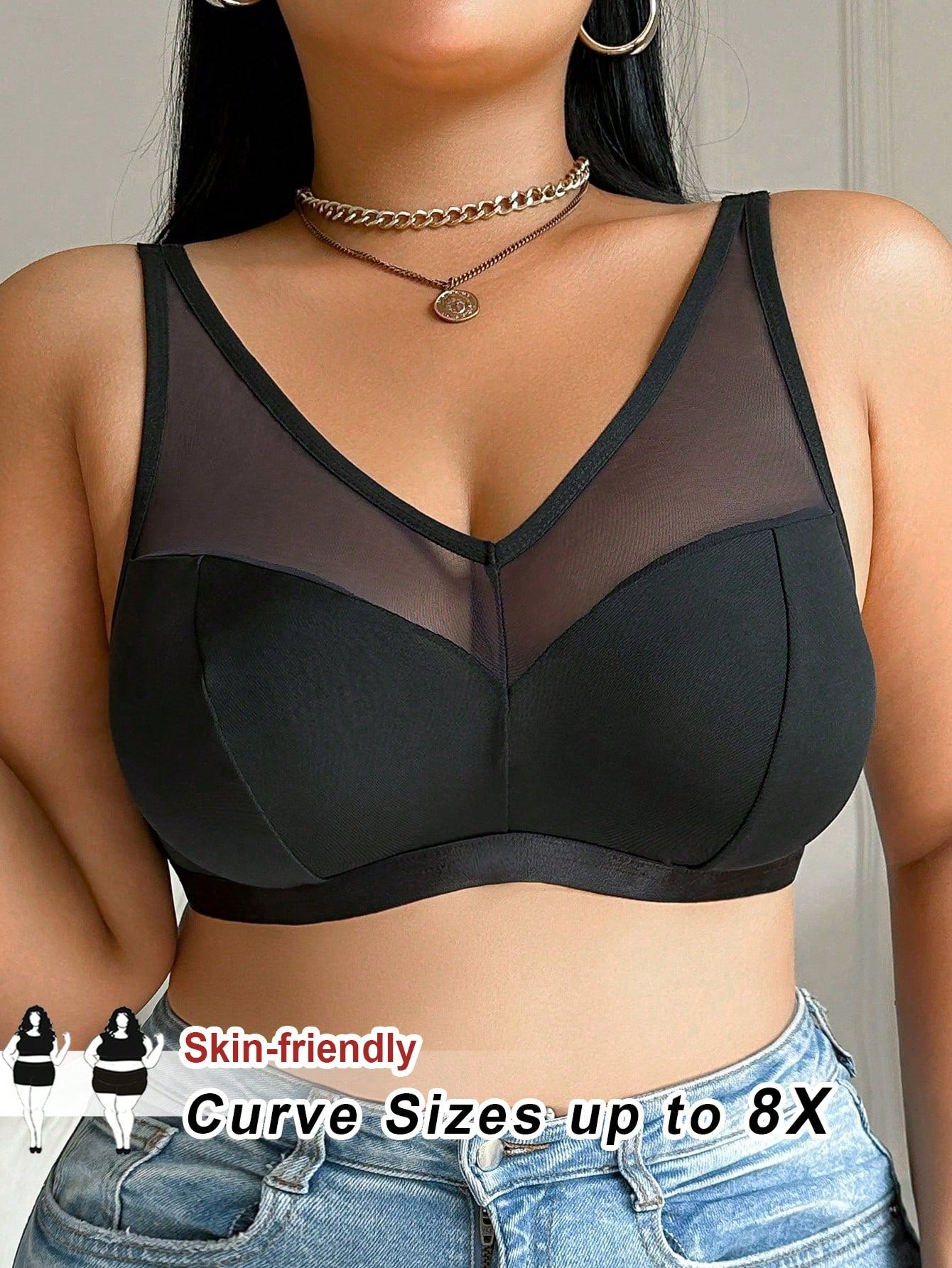 CURVE+ Plus Size Solid Color Contrast Mesh Insert Wireless Curved Bra Summer/Country/Beach Brunch Dinner Going Out Vacation/Beach/Beach Wear Black Sexy