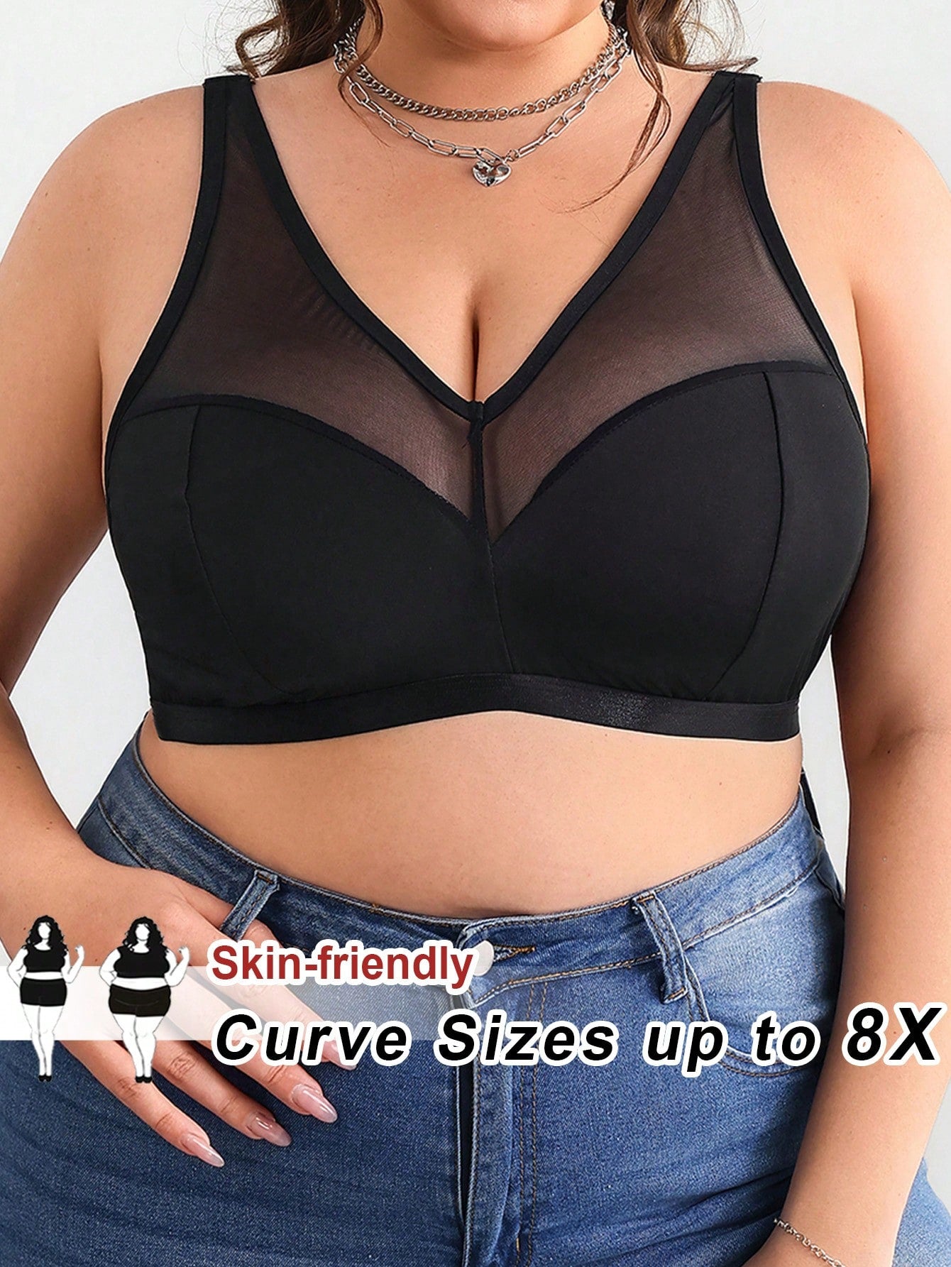CURVE+ Plus Size Solid Color Contrast Mesh Insert Wireless Curved Bra Summer/Country/Beach Brunch Dinner Going Out Vacation/Beach/Beach Wear Black Sexy