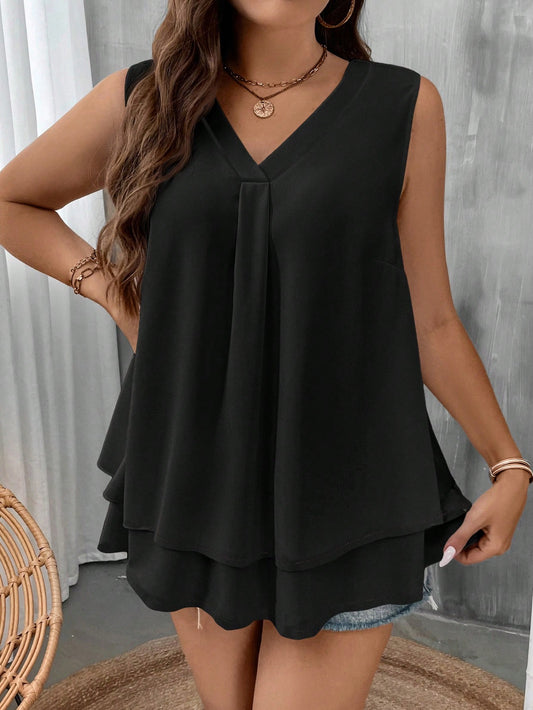 CURVE+ Plus Size Solid Color V-Neck Leisure Sleeveless Tank Top