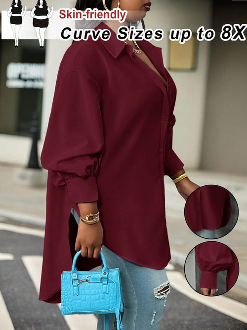 CURVE+ Plus Size White Long Sleeve Lantern Sleeve Shirt, Spring Fall