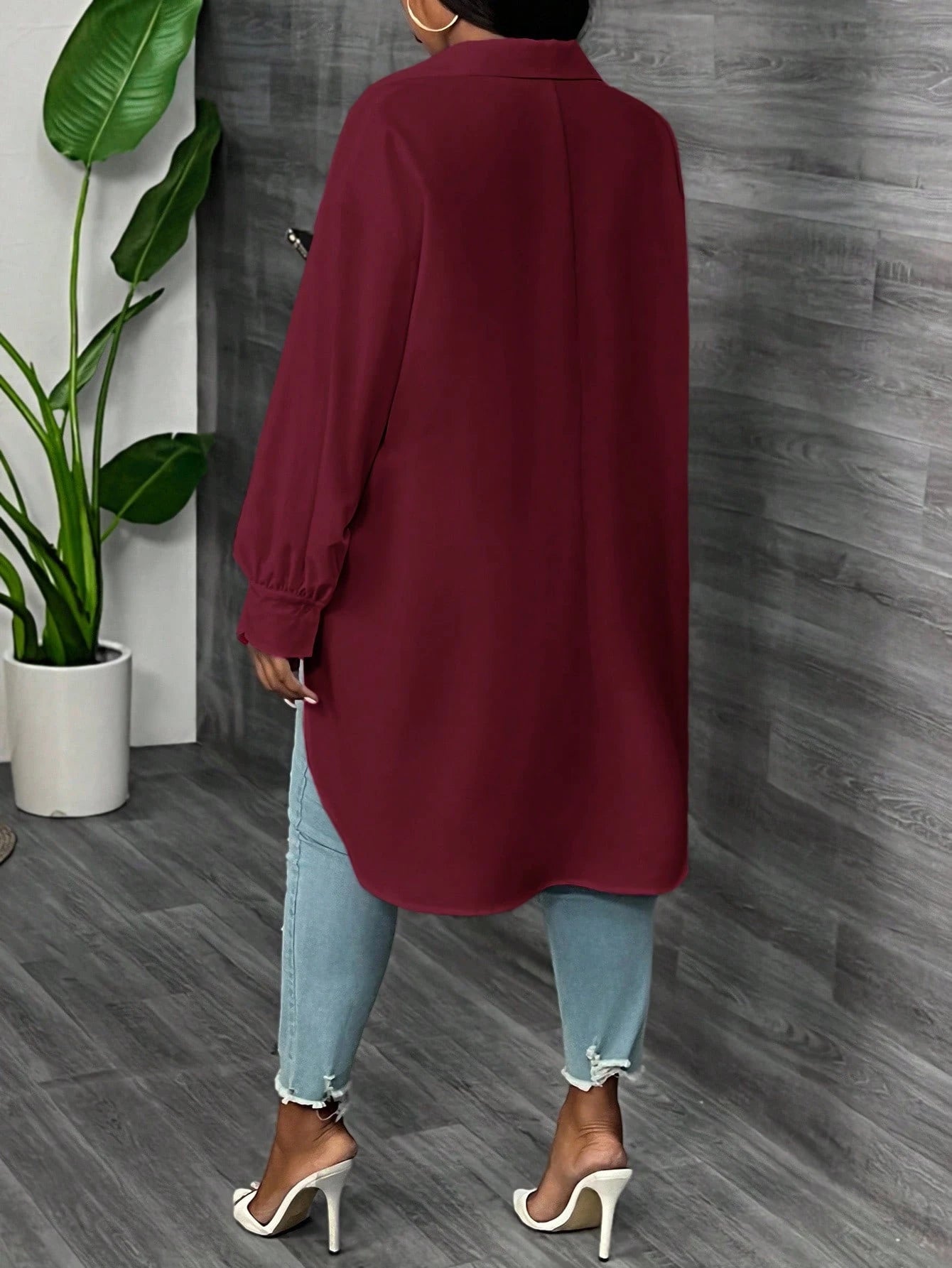 CURVE+ Plus Size White Long Sleeve Lantern Sleeve Shirt, Spring Fall