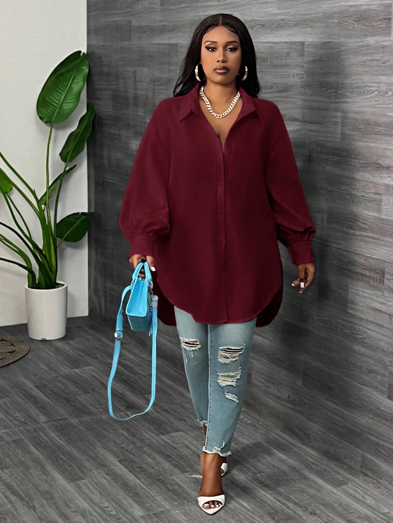 CURVE+ Plus Size White Long Sleeve Lantern Sleeve Shirt, Spring Fall