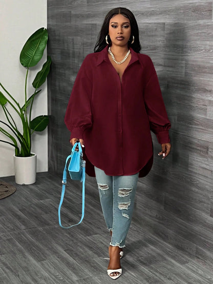 CURVE+ Plus Size White Long Sleeve Lantern Sleeve Shirt, Spring Fall