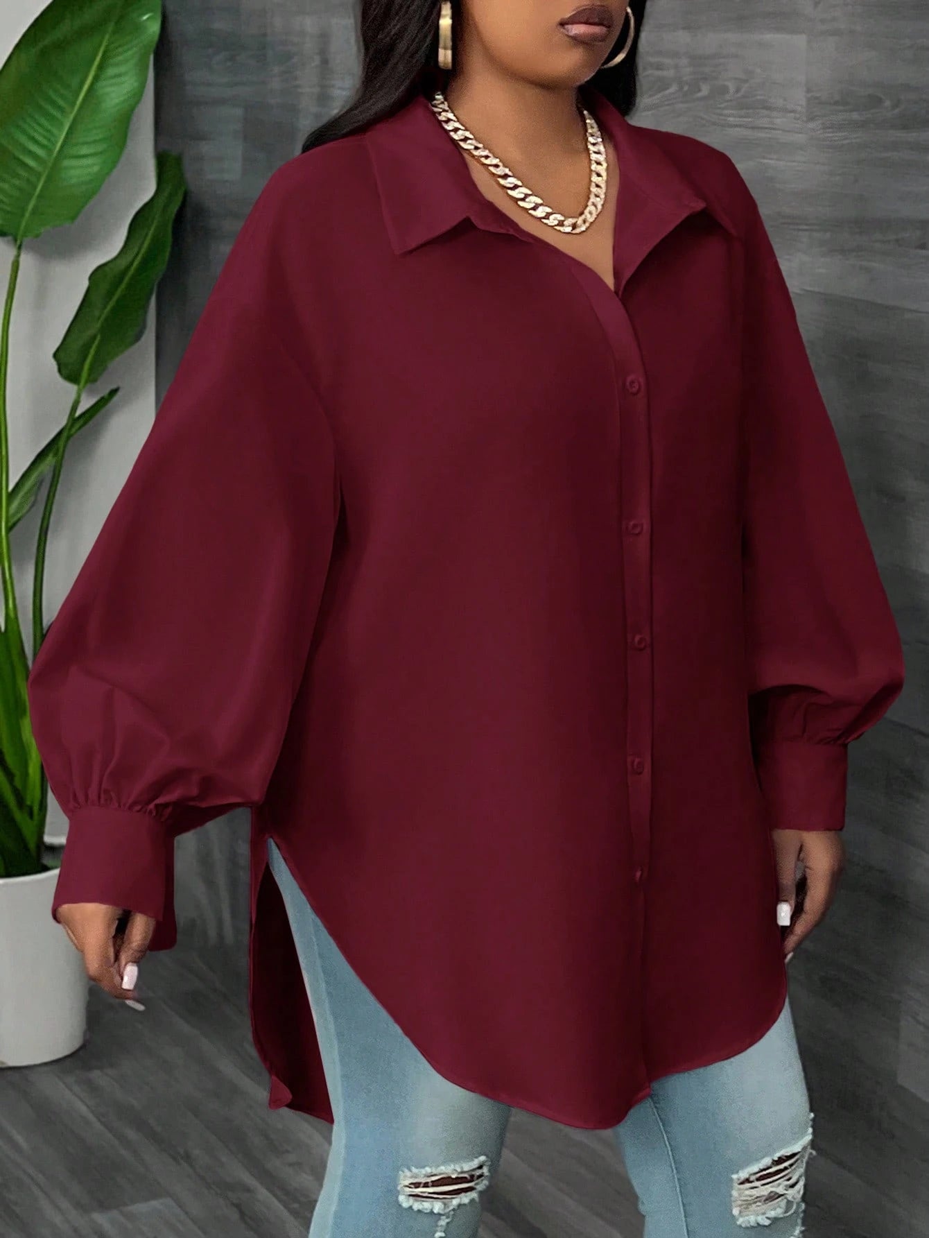 CURVE+ Plus Size White Long Sleeve Lantern Sleeve Shirt, Spring Fall