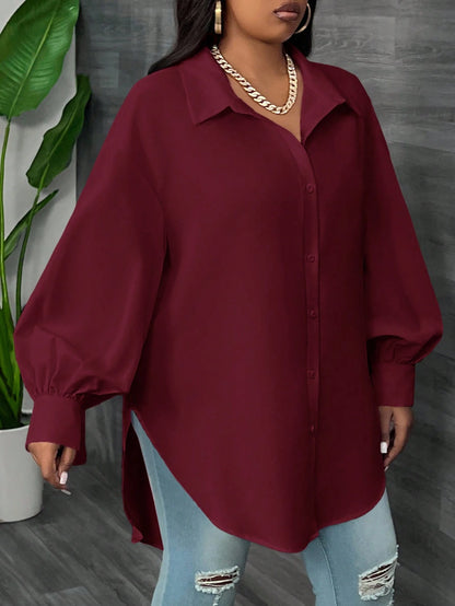 CURVE+ Plus Size White Long Sleeve Lantern Sleeve Shirt, Spring Fall