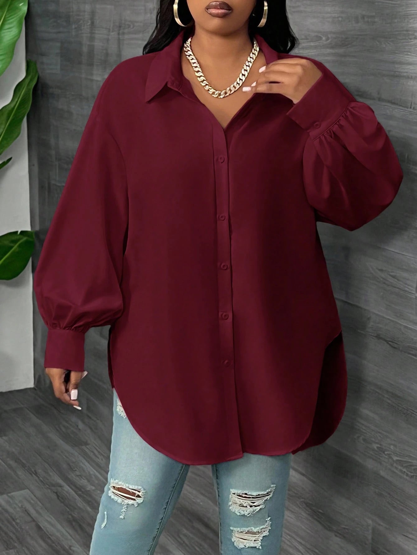 CURVE+ Plus Size White Long Sleeve Lantern Sleeve Shirt, Spring Fall