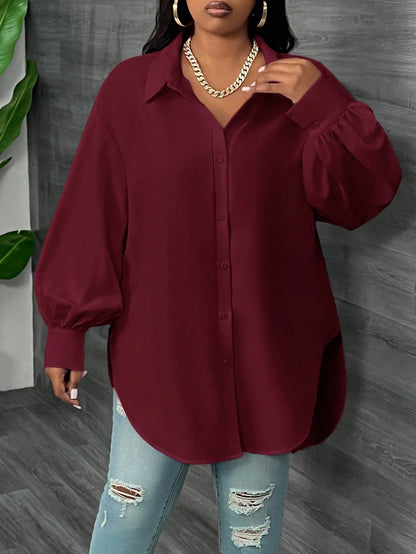 CURVE+ Plus Size White Long Sleeve Lantern Sleeve Shirt, Spring Fall
