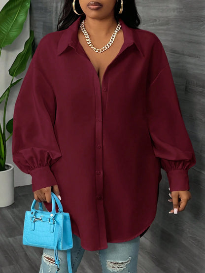 CURVE+ Plus Size White Long Sleeve Lantern Sleeve Shirt, Spring Fall