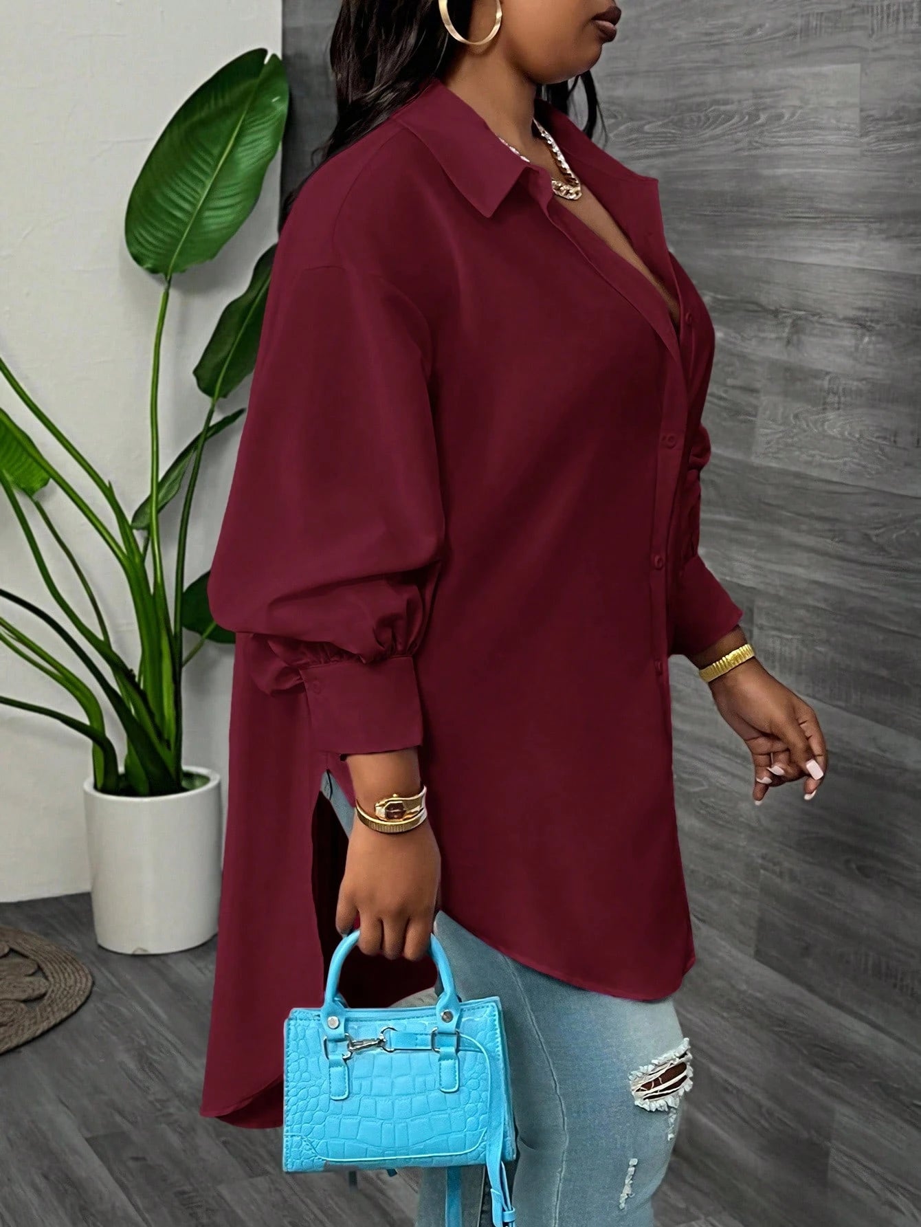 CURVE+ Plus Size White Long Sleeve Lantern Sleeve Shirt, Spring Fall