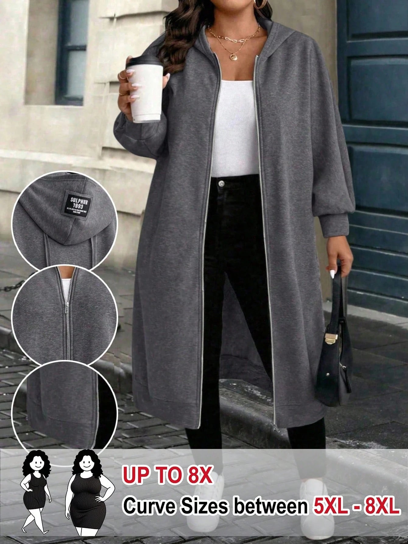 CURVE+ Plus Size Women Dark Gray Casual Versatile Long Hoodie For Autumn/Winter Fall Cloth For Women
