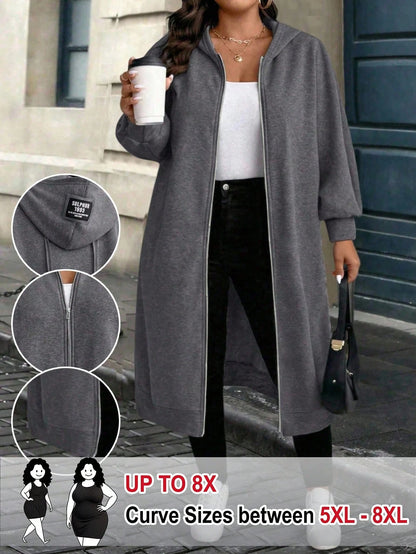 CURVE+ Plus Size Women Dark Gray Casual Versatile Long Hoodie For Autumn/Winter Fall Cloth For Women