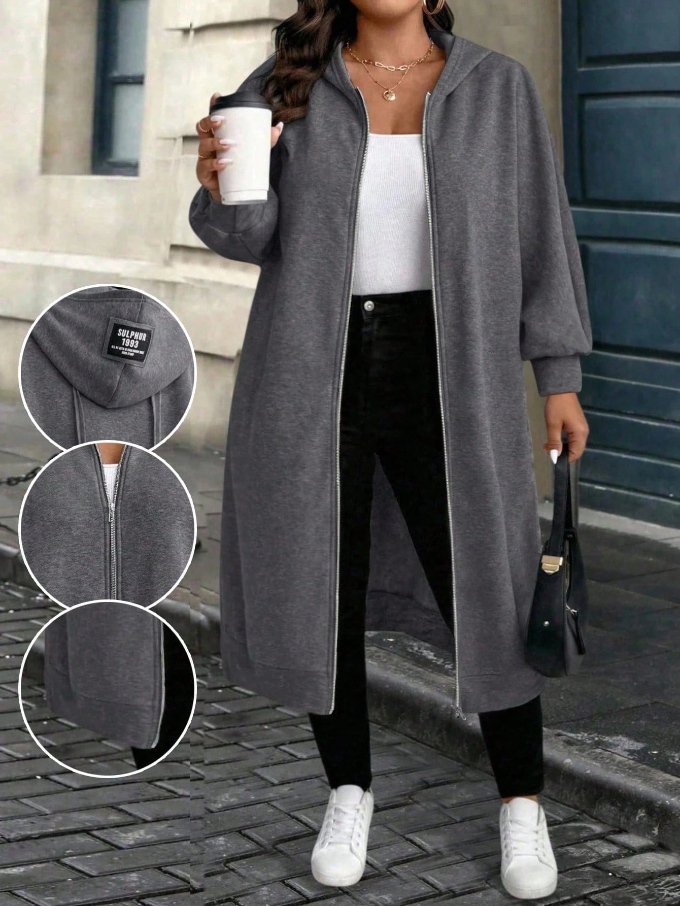 CURVE+ Plus Size Women Dark Gray Casual Versatile Long Hoodie For Autumn/Winter Fall Cloth For Women