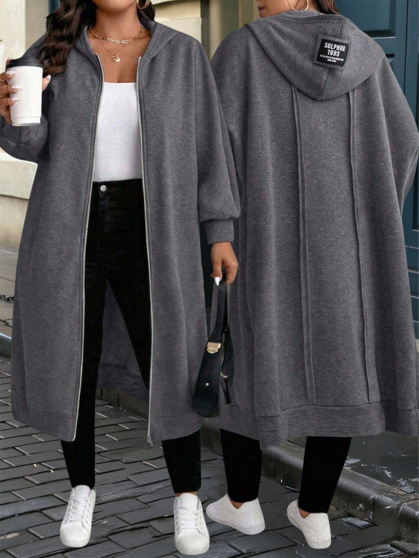 CURVE+ Plus Size Women Dark Gray Casual Versatile Long Hoodie For Autumn/Winter Fall Cloth For Women