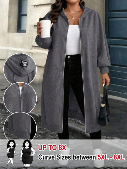 CURVE+ Plus Size Women Dark Gray Casual Versatile Long Hoodie For Autumn/Winter Fall Cloth For Women