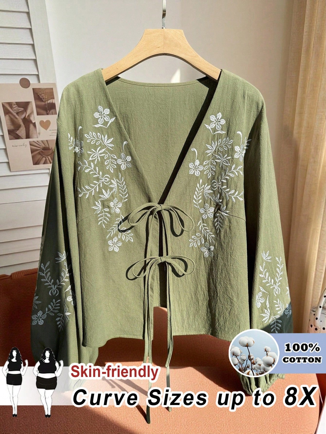 CURVE+ Plus Size Women Floral Embroidery Tie Front Shirt Autumn/Winter Olive Green Top Long Sleeve Tie Up Boho Capsule Wardrobe Fall Gym Wedding