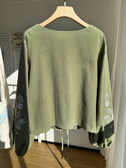 CURVE+ Plus Size Women Floral Embroidery Tie Front Shirt Autumn/Winter Olive Green Top Long Sleeve Tie Up Boho Capsule Wardrobe Fall Gym Wedding