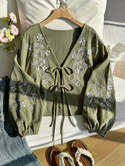 CURVE+ Plus Size Women Floral Embroidery Tie Front Shirt Autumn/Winter Olive Green Top Long Sleeve Tie Up Boho Capsule Wardrobe Fall Gym Wedding