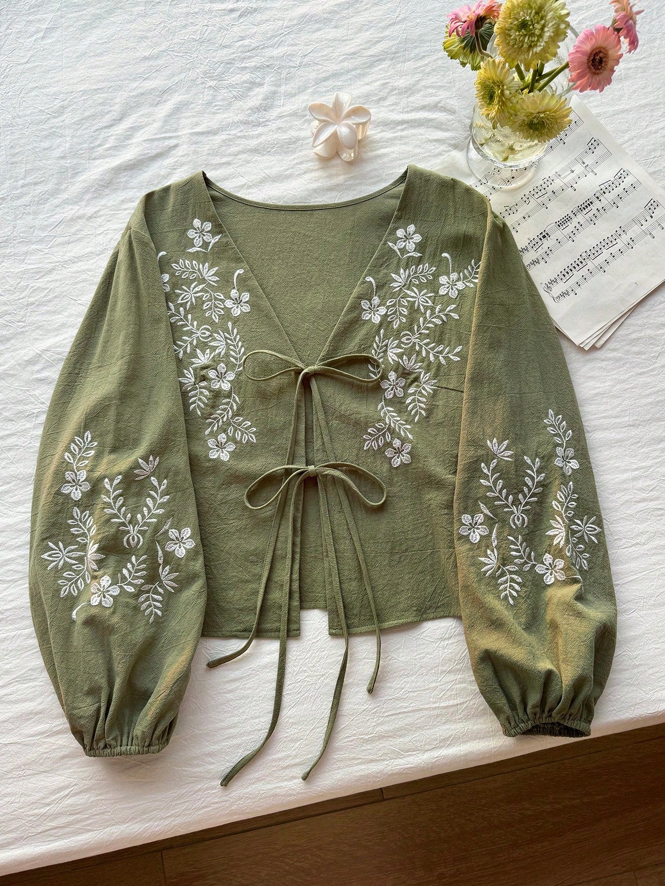 CURVE+ Plus Size Women Floral Embroidery Tie Front Shirt Autumn/Winter Olive Green Top Long Sleeve Tie Up Boho Capsule Wardrobe Fall Gym Wedding