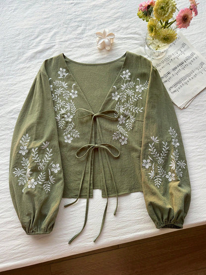 CURVE+ Plus Size Women Floral Embroidery Tie Front Shirt Autumn/Winter Olive Green Top Long Sleeve Tie Up Boho Capsule Wardrobe Fall Gym Wedding