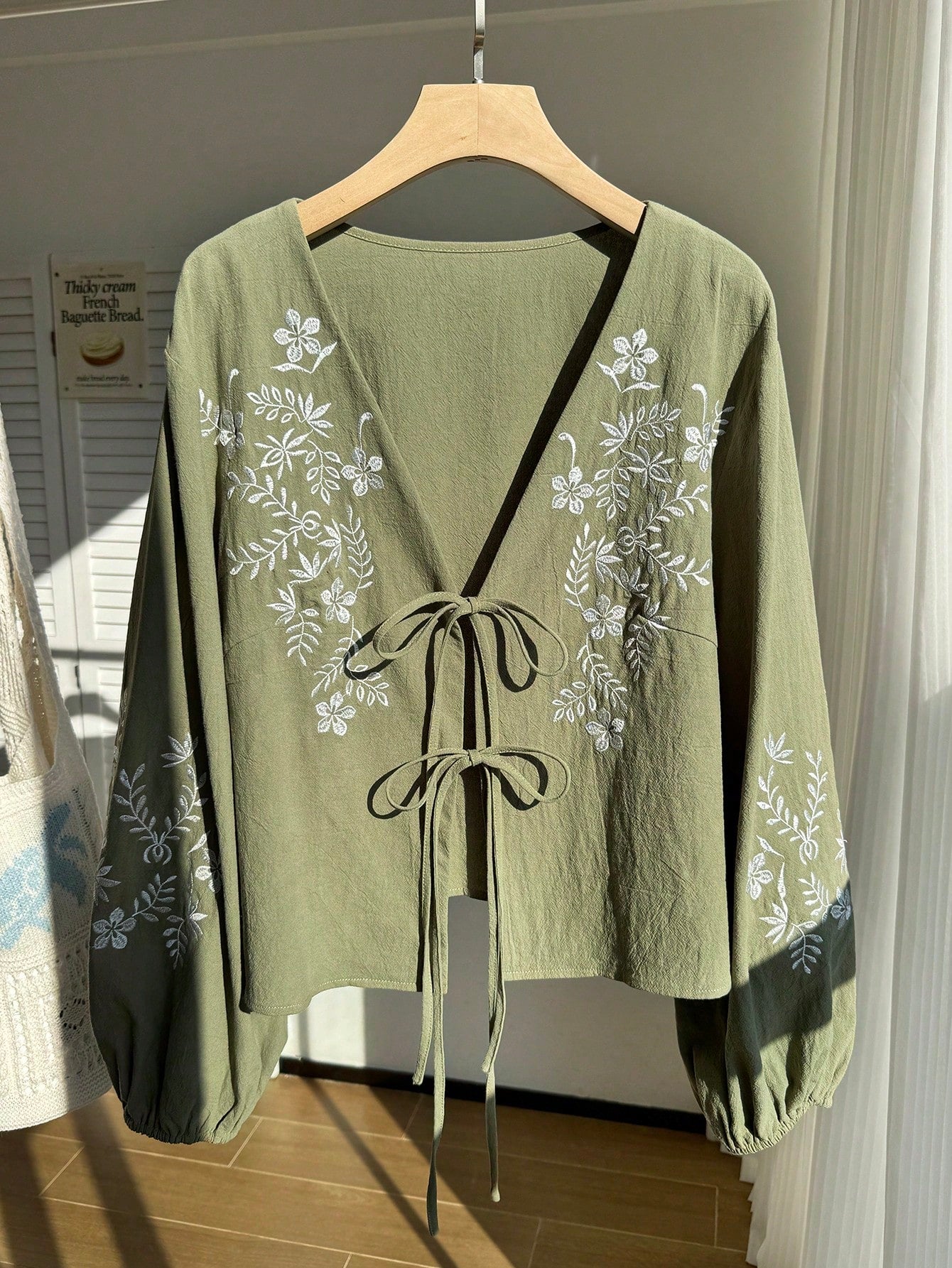 CURVE+ Plus Size Women Floral Embroidery Tie Front Shirt Autumn/Winter Olive Green Top Long Sleeve Tie Up Boho Capsule Wardrobe Fall Gym Wedding