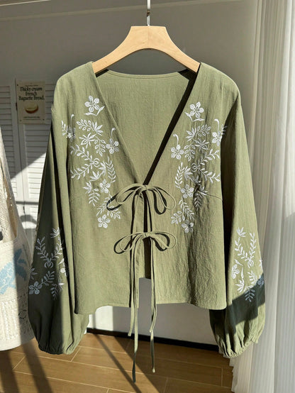CURVE+ Plus Size Women Floral Embroidery Tie Front Shirt Autumn/Winter Olive Green Top Long Sleeve Tie Up Boho Capsule Wardrobe Fall Gym Wedding