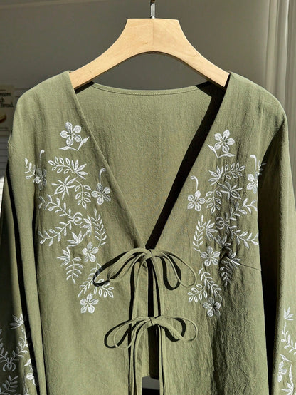 CURVE+ Plus Size Women Floral Embroidery Tie Front Shirt Autumn/Winter Olive Green Top Long Sleeve Tie Up Boho Capsule Wardrobe Fall Gym Wedding