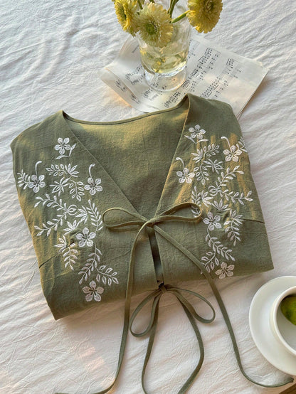 CURVE+ Plus Size Women Floral Embroidery Tie Front Shirt Autumn/Winter Olive Green Top Long Sleeve Tie Up Boho Capsule Wardrobe Fall Gym Wedding