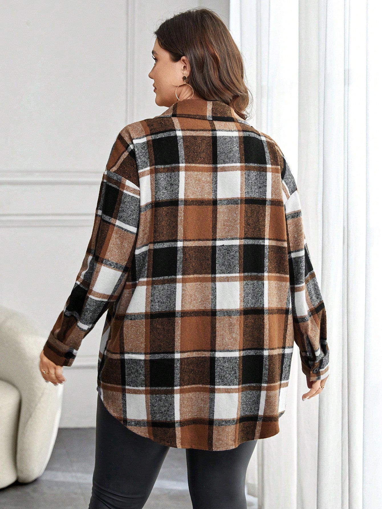 CURVE+ Plus Size Women Plaid Print Drop Shoulder Pocket Applique Shirt Autumn Vacation Hiking Traditional Fall