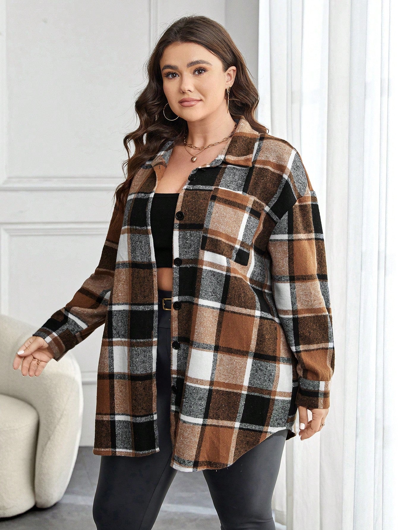 CURVE+ Plus Size Women Plaid Print Drop Shoulder Pocket Applique Shirt Autumn Vacation Hiking Traditional Fall