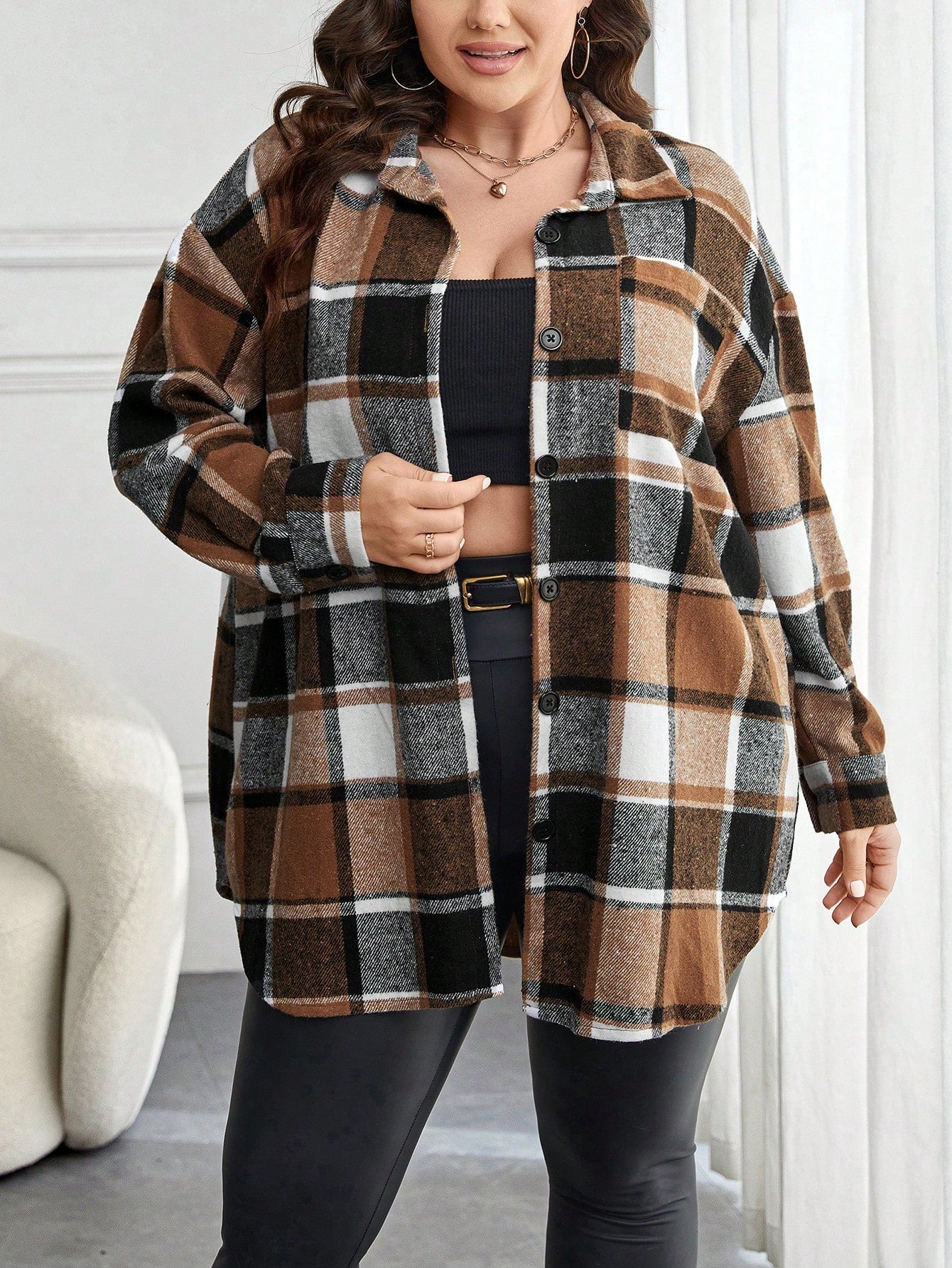 CURVE+ Plus Size Women Plaid Print Drop Shoulder Pocket Applique Shirt Autumn Vacation Hiking Traditional Fall
