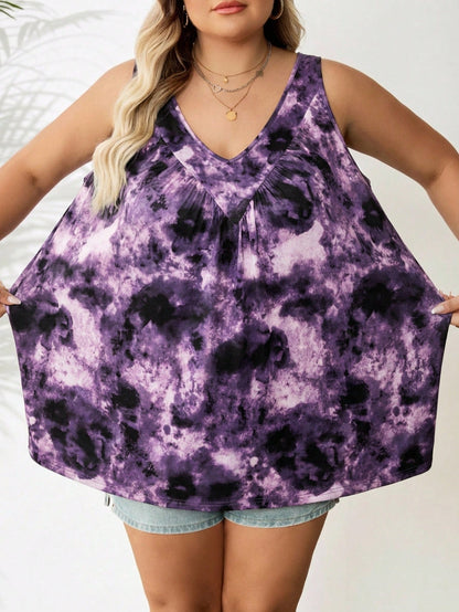 CURVE+ Plus Size Women Purple V-Neck Loose Camisole Bussines Airport Summer Casual Traditional